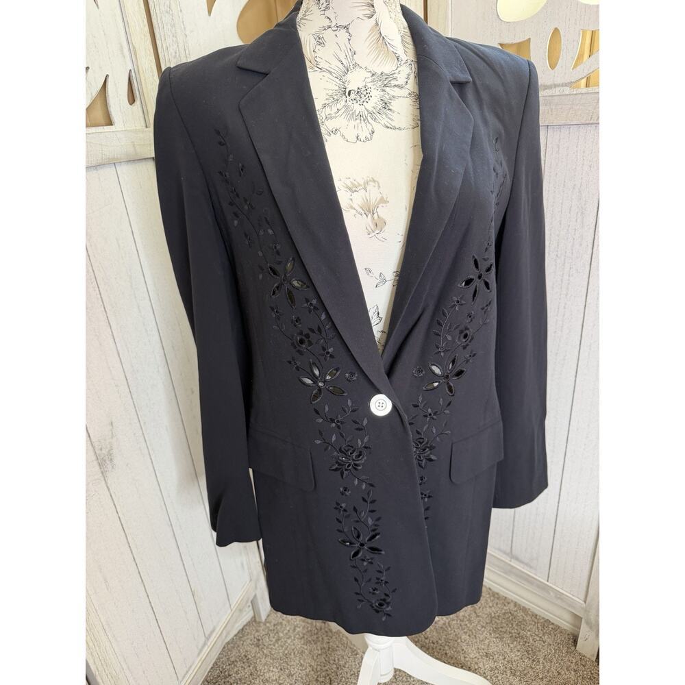 Vintage 90s Escada Margaretha Wool Blazer Blue Cutout Floral 36 US 6 Longline